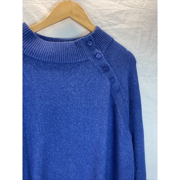 New Talbots Womens Sweater 2x Blue Button Mock Neck Knit Stretch Ribbed Top - Picture 2 of 9